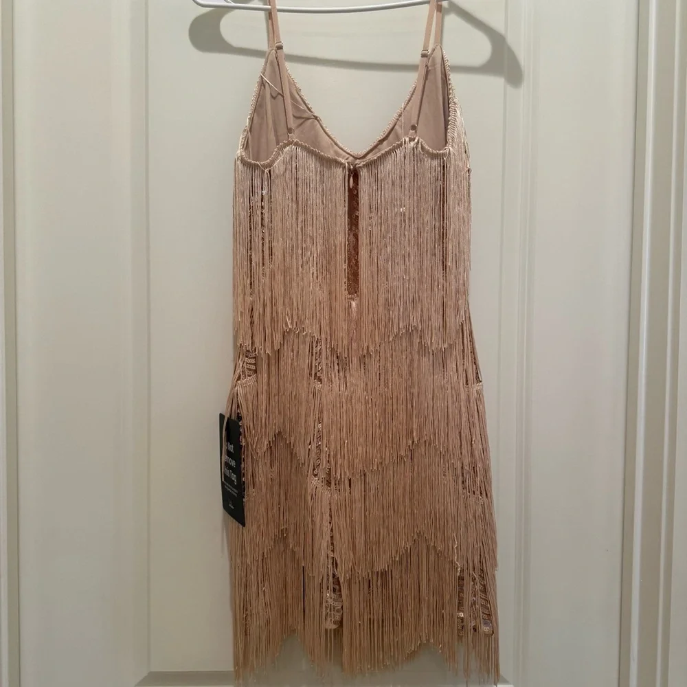 Lulus Get In The Groove Champagne Sequin Fringe Bodycon Dress Gold - Size XXS - Picture 3 of 4